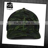 Guangjia high quality camo hat leather patch 6 panel curved brim mesh cap bulk