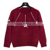 Wine red knitting wear beaded sweet lady winter sweater pullover