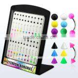 Display With 60 Pcs of Surgical Steel Eyebrow Bananas, 16g (1.2mm) With 3mm Acrylic Solid Colored Balls - Length 5/16" (8mm) thumbnail-1