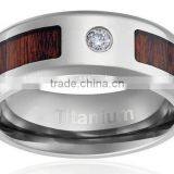 8MM Comfort Fit Titanium Wedding Band Engagement Ring With Dark Wood Inlay Round Cut CZ Center Stone and Beveled Edges thumbnail-2