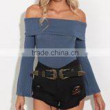 Hot Sale off Shoulder Fold Over Long Sleeve Knit Top Women Latest Design Tops thumbnail-1