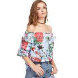 MAXNEGIO Ladies Crop Top Chest Floral Printing off Shoulder Blouse for Women thumbnail-3