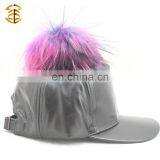 Custom Black Plain Lambskin Leather Snapback Cap With Fur Pom Pom thumbnail-1