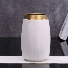 Wide Mouthed White Stripe Gild Hand Made Ceramic Vase For Hallway Decoration thumbnail-3