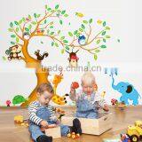 Jungle Zoo Animal Monkey, Elephant Deer and Owls Playing Around Tree Monkey Wall Decal Owl Wall Decal