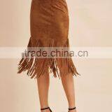Latest Long Skirt Design Suede Fringe Trim Bodycon Skirt Ladies Designer Suits Skirt thumbnail-2