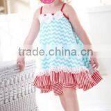 Wholesale Clothing Girls 2 pc Aqua Chevron Dress With Matching Red Striped Bike Shorts Red Straps Toddler Girls Cotton Halter thumbnail-1