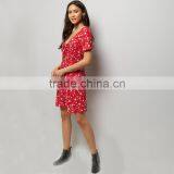 RED Self Bow V-neck Women Printed Short Sleeve Dress thumbnail-2