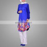 Nice Curved Hem Muslim Women Tops Blue Printed Blouse 2017 thumbnail-2