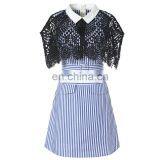 2017 Summer Stripe Dress Office Formal Collar Neck Blue White Stripe Cape Sleeve Lace Twill Patch Work Midi Dress Instock thumbnail-4