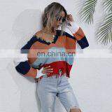 Women Autumn Fashion Thin V-neck Striped Pullover Sweater thumbnail-1