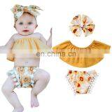 New Arrival Baby Children Clothes Sets Sleeveless Bandeau Sling Top + Sunflower Print Shorts + Hair Strap Set thumbnail-2