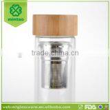 Promotion 400ml Custom Braned Double Wall Glass Drink Tea Water Bottles With Bamboo Lid thumbnail-2