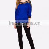 3/4Sleeve Contrast Trims Lacey Yoke Lady Blouses for Women Summer 2015 thumbnail-6