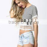 European Style Sexy Women Fashion Round Neck White Short Sleeve Top Stripe Cropped T-shirt 2017 thumbnail-5