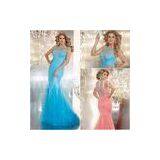 Blue Mermaid Organza Womens Evening Dresses with Sheer Back / Crystal Stone