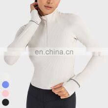 Women Breathable Clothing Running Wear Custom Sports Shirts Gym Fitness Top Long Sleeve Ribbed Half Zip Yoga Shirt For Women thumbnail-3