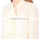 Wholesale Women Curved Hem Long Sleeves Buttoned Cuff Pleated-tie Chiffon Shirt(DQE0098T) thumbnail-5
