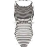 2016 New Fashion Lace Up Front Sleeveless Bodysuits Young Girl Black White Stripe Women Tops thumbnail-5