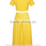 Wholesale 2016 New Fashion Ladies Women Dress Elegant Two Pieces Female Dress Summer Women Crop Tops Blouse Pleated Yellow Long thumbnail-3