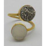 White & Silver Druzy 10mm Round Adjustable Silver Gold Plated Ring thumbnail-2