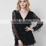 New Long Sleeves Deep V Sexy Dress Net Yarn Tassel Sequins Skirt Summer thumbnail-4