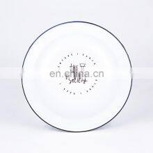 Customized White Flower Logo Printing Vintage Round Metal Steel Serving Soap Enamel Oven Pizza Dish