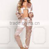 MGOO 2017 High Quality Custom 100% Satin Shiny Bomber Jackets For Women Tracksuits Women Crepe Tops Coat thumbnail-3