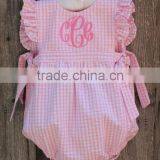 Baby Girls Seersucker Monogrammed Pink Grid Bubble Rompers thumbnail-1