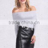 off Shoulder Elastic Spring Sweater Women Short Gray Lapel Pullover Sexy White Jumpers Autumn Knitwear Top thumbnail-3