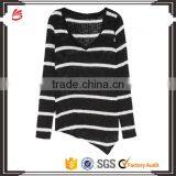 Fashionable V-neck White and Black Strips Pattern Knitwear With Asymmetric Hem and Ribbed Trim thumbnail-1