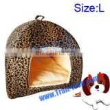 Leopard Print Yurt Style Dog Cat Bed Indoor House Kennel Folding Pet Tent With Plush Mat Pad ( Size: L)