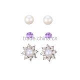 Faux Pearl Purple Crystal Rhinestone Encased Flower Mixed Stud Earring Pack thumbnail-1