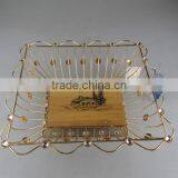 Square Golden Iron Fruit Basket With Wooden Board thumbnail-1