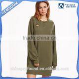Olive Green Drop Shoulder Distressed Sweatshirt Dress, Women Casual Dress thumbnail-1