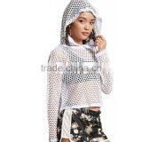 HAODUOYI Fashion Soild Mesh Hollow Out Women Hooded T-shirt Long Sleeve White Brief Lady Short Tops for Wholesale thumbnail-2