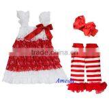 Christmas White Red Cap Sleeves Lace Ruffles Pettidress Warmers Headband 3pcs 6M-5Y thumbnail-1