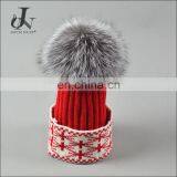 China Supplier Christmas Unisex Knitted Caps With Fox Fur Pompoms Balls Hats