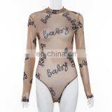 Latest Design Khaki Sheer Spring Long Sleeve With Printing Bodysuits for Women thumbnail-1