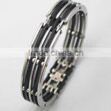 Fashion Metal With Silicone Bracelet Design Mens Stainless Steel Black Cuff Bangle
