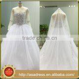 ASAJ-13 Real Pictures Sheer Beaded Neckline Luxury Pearls Crystal Ball Gown Wedding Dress With Long Sleeves
