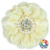 Posh Ivory Cheap Wholesale Handmade Rhinestone Center Lace Fabric Flower thumbnail-1