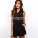 HAODUOYI Women Black Chiffon Ruched Cut Out Waist Hollow Back Rompers Playsuits thumbnail-5