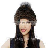 CX-C-239R Spring/Winter Lady Mink Fur Knitted Hat With Genuine Fox Fur Pom Poms thumbnail-1
