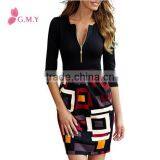 Women's Deep-V Neck Digital Print Slim Sexy Business Dress, Bodycon Dress thumbnail-1