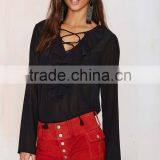 Latest Chiffon Blouse Ruffled Lady Blouse Wholesale Lace up Blouses 2015 thumbnail-3