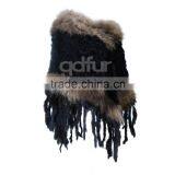 QD200121 Excellent Quality Women Wear Knit Winter Rabbit Fur Ponchos Sale With Raccoon Dog Fur Trim Long Fringes thumbnail-6