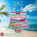 Older Girls 2PCS stripe Swimsuit with rubber printed orchids, adorned by bow at front chest and waist