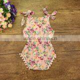 Wholesale Kids Jumpsuit Baby Girl Pom Pom Rompers With Rose Flower Baby Romper Clothes Baby Rose Floral Patterns thumbnail-2