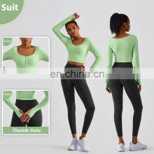 Ribbed Custom Semi Fixed Cups Yoga Crop Tops Long Sleeve High Impact Women Sports Bras thumbnail-4